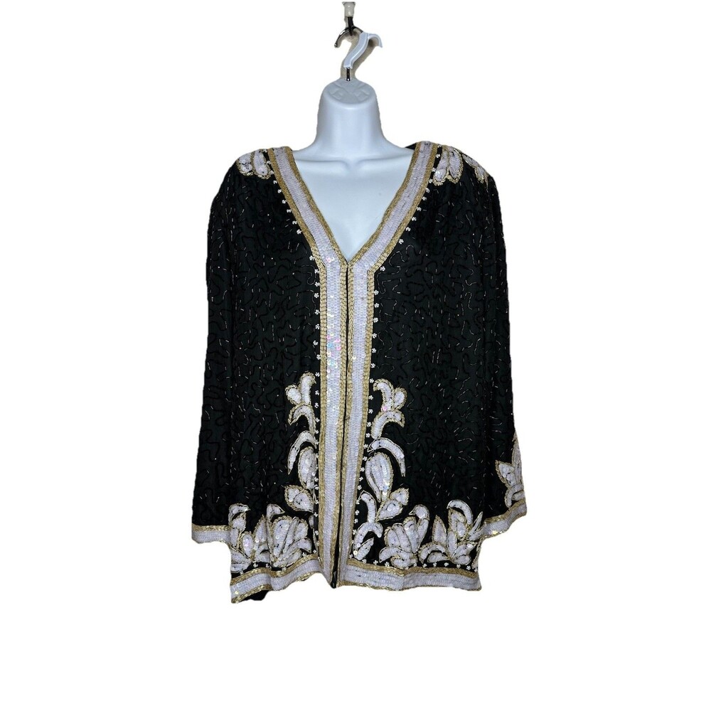 Scala Silk Beaded Jacket Sz 1X Plus Womens Black White Sequins Lined Jacket NEW